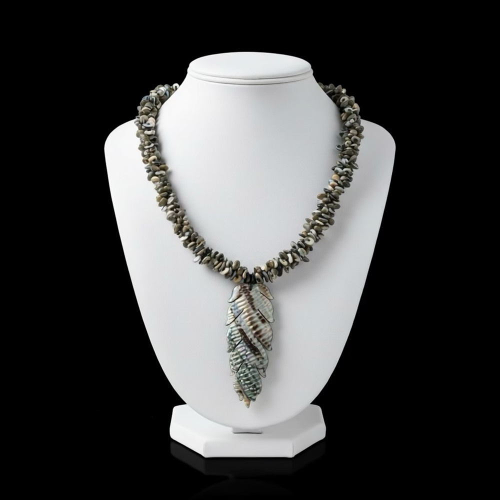 Handmade Shell Leaf Pendant Necklace — Natural Brown & Gray - Picture 3 of 12